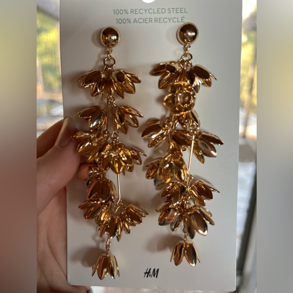 Recycled Steel Goldtone Flower Drop Earrings